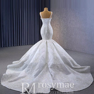 Gorgeous Beaded Lace Wedding Dress Mermaid Spaghetti Strap Bridal Gown - Rosymae