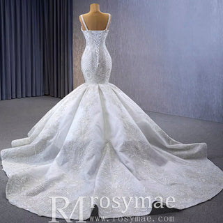 Gorgeous Beaded Lace Wedding Dress Mermaid Spaghetti Strap Bridal Gown - Rosymae