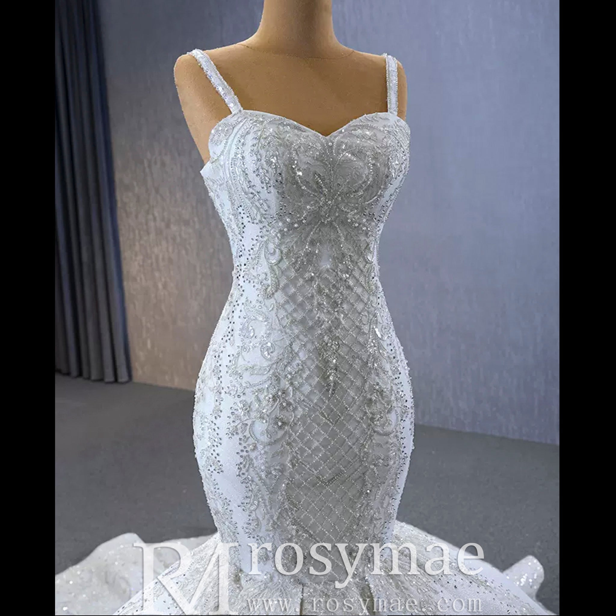 Gorgeous Beaded Lace Wedding Dress Mermaid Spaghetti Strap Bridal Gown - Rosymae