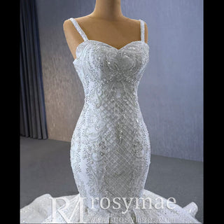 Gorgeous Beaded Lace Wedding Dress Mermaid Spaghetti Strap Bridal Gown - Rosymae