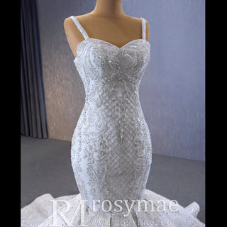 Gorgeous Beaded Lace Wedding Dress Mermaid Spaghetti Strap Bridal Gown - Rosymae