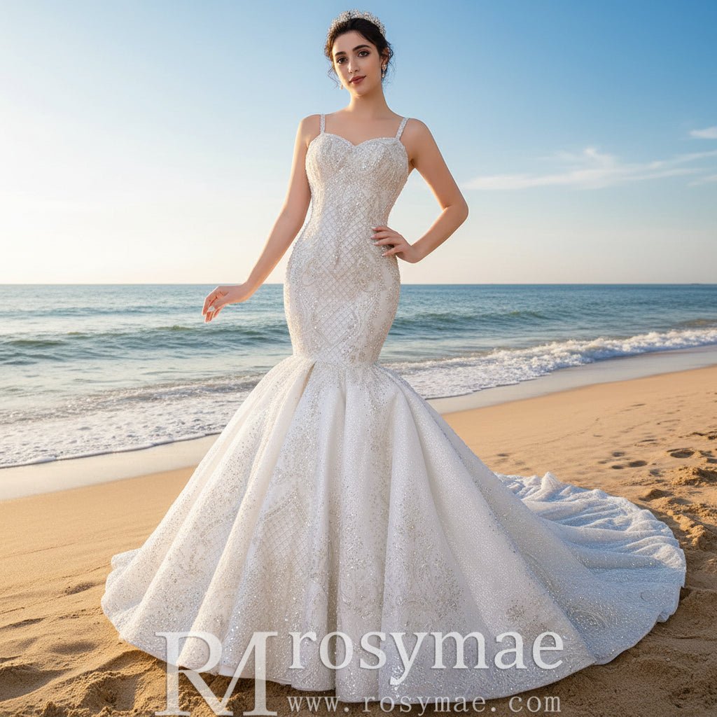 Gorgeous Beaded Lace Wedding Dress Mermaid Spaghetti Strap Bridal Gown - Rosymae