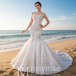 Gorgeous Beaded Lace Wedding Dress Mermaid Spaghetti Strap Bridal Gown - Rosymae