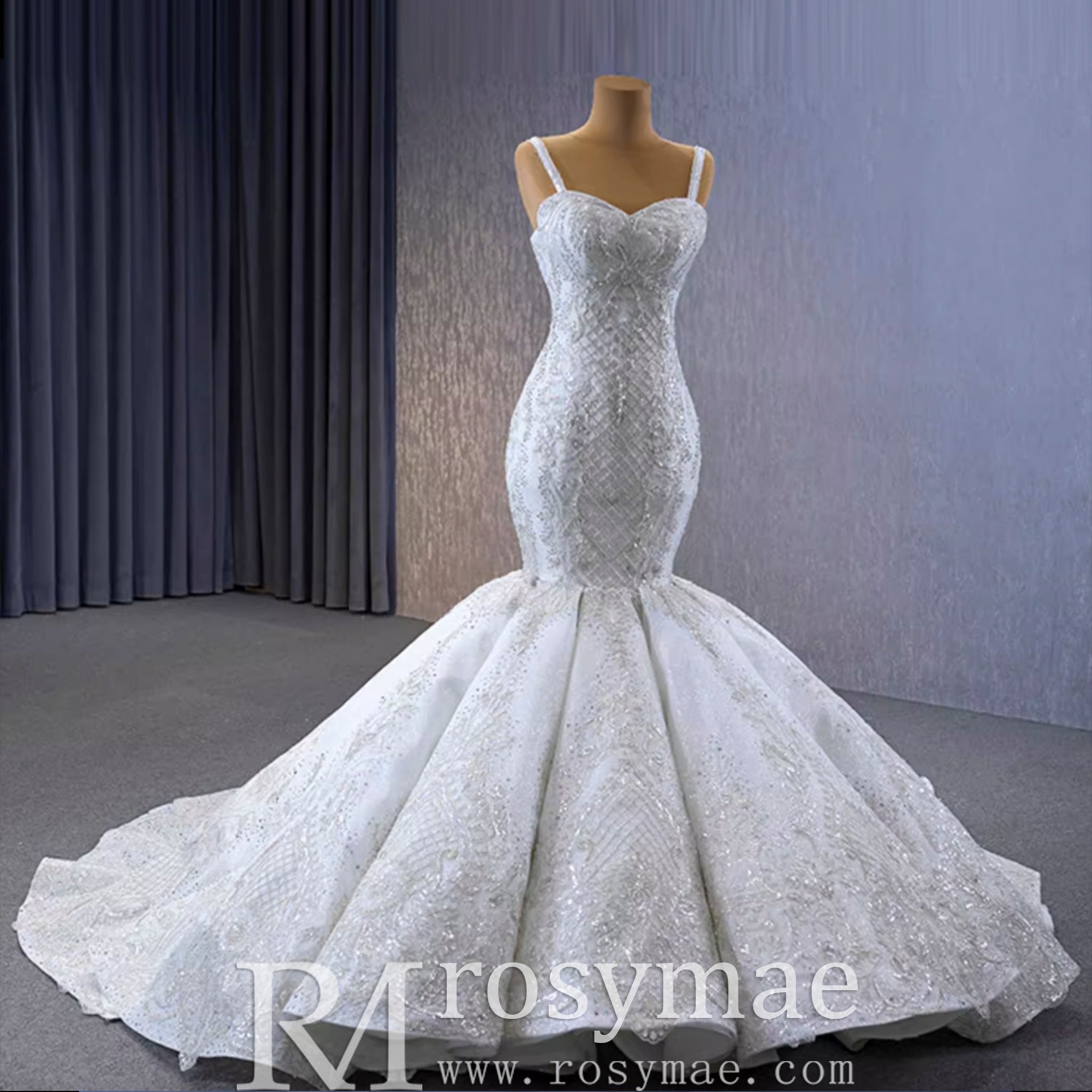 Gorgeous Beaded Lace Wedding Dress Mermaid Spaghetti Strap Bridal Gown - Rosymae