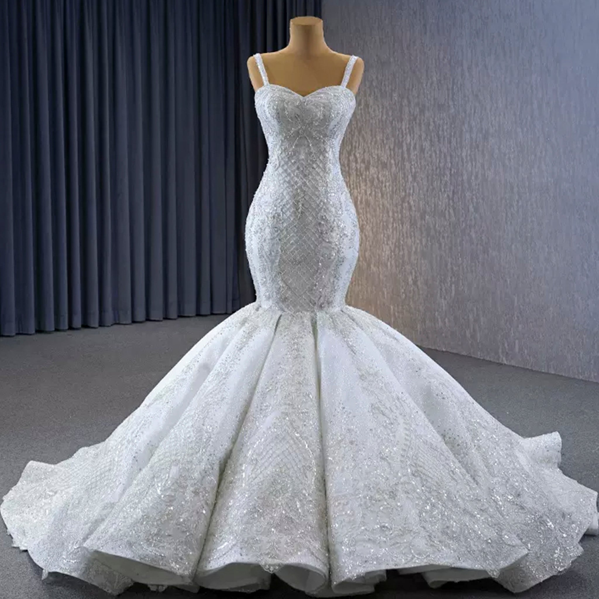 Gorgeous Beaded Lace Wedding Dress Mermaid Spaghetti Strap Bridal Gown - Rosymae