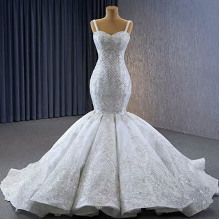 Gorgeous Beaded Lace Wedding Dress Mermaid Spaghetti Strap Bridal Gown - Rosymae