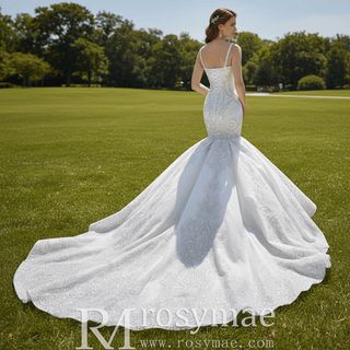 Gorgeous Beaded Lace Wedding Dress Mermaid Spaghetti Strap Bridal Gown - Rosymae