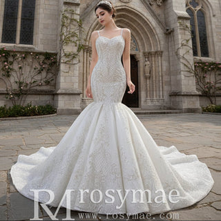 Gorgeous Beaded Lace Wedding Dress Mermaid Spaghetti Strap Bridal Gown - Rosymae