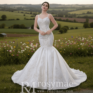 Gorgeous Beaded Lace Wedding Dress Mermaid Spaghetti Strap Bridal Gown - Rosymae