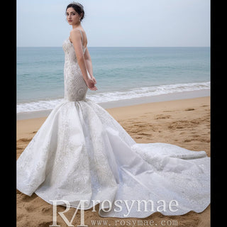 Gorgeous Beaded Lace Wedding Dress Mermaid Spaghetti Strap Bridal Gown - Rosymae