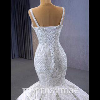 Gorgeous Beaded Lace Wedding Dress Mermaid Spaghetti Strap Bridal Gown - Rosymae