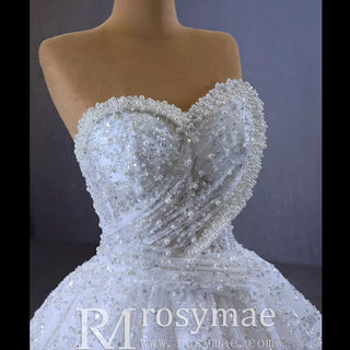 Gorgeous Beaded Pearls Wedding Dress Sweetheart Neck Bridal Gown - Rosymae
