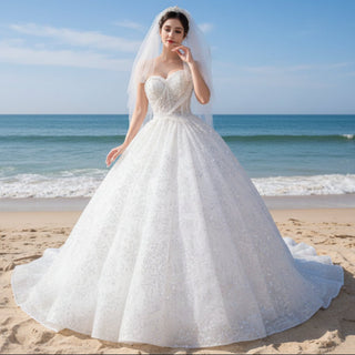 Gorgeous Beaded Pearls Wedding Dress Sweetheart Neck Bridal Gown - Rosymae