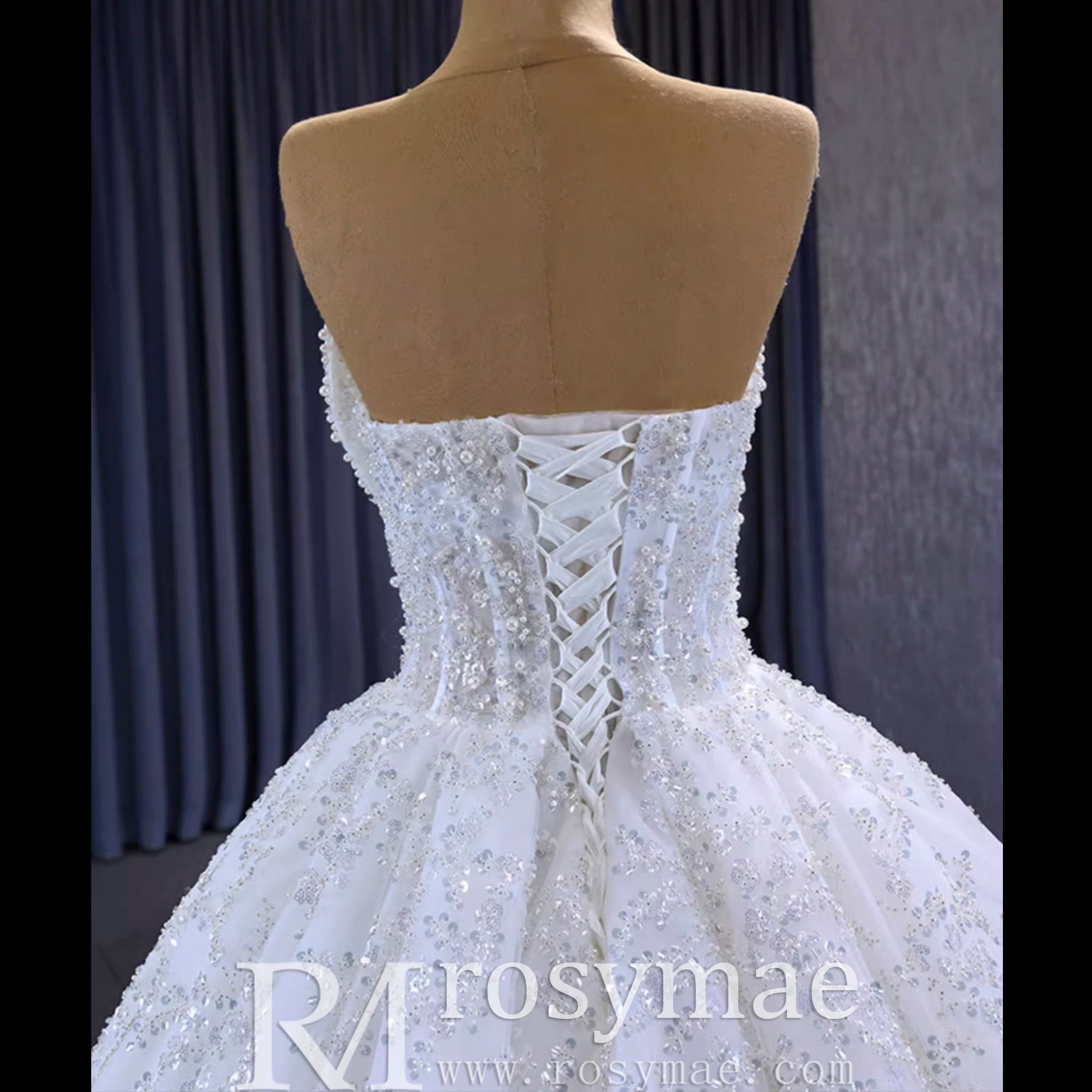 Gorgeous Beaded Pearls Wedding Dress Sweetheart Neck Bridal Gown - Rosymae