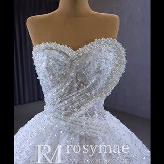 Gorgeous Beaded Pearls Wedding Dress Sweetheart Neck Bridal Gown - Rosymae