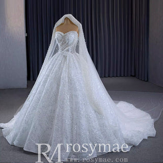 Gorgeous Beaded Pearls Wedding Dress Sweetheart Neck Bridal Gown - Rosymae