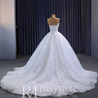 Gorgeous Beaded Pearls Wedding Dress Sweetheart Neck Bridal Gown - Rosymae