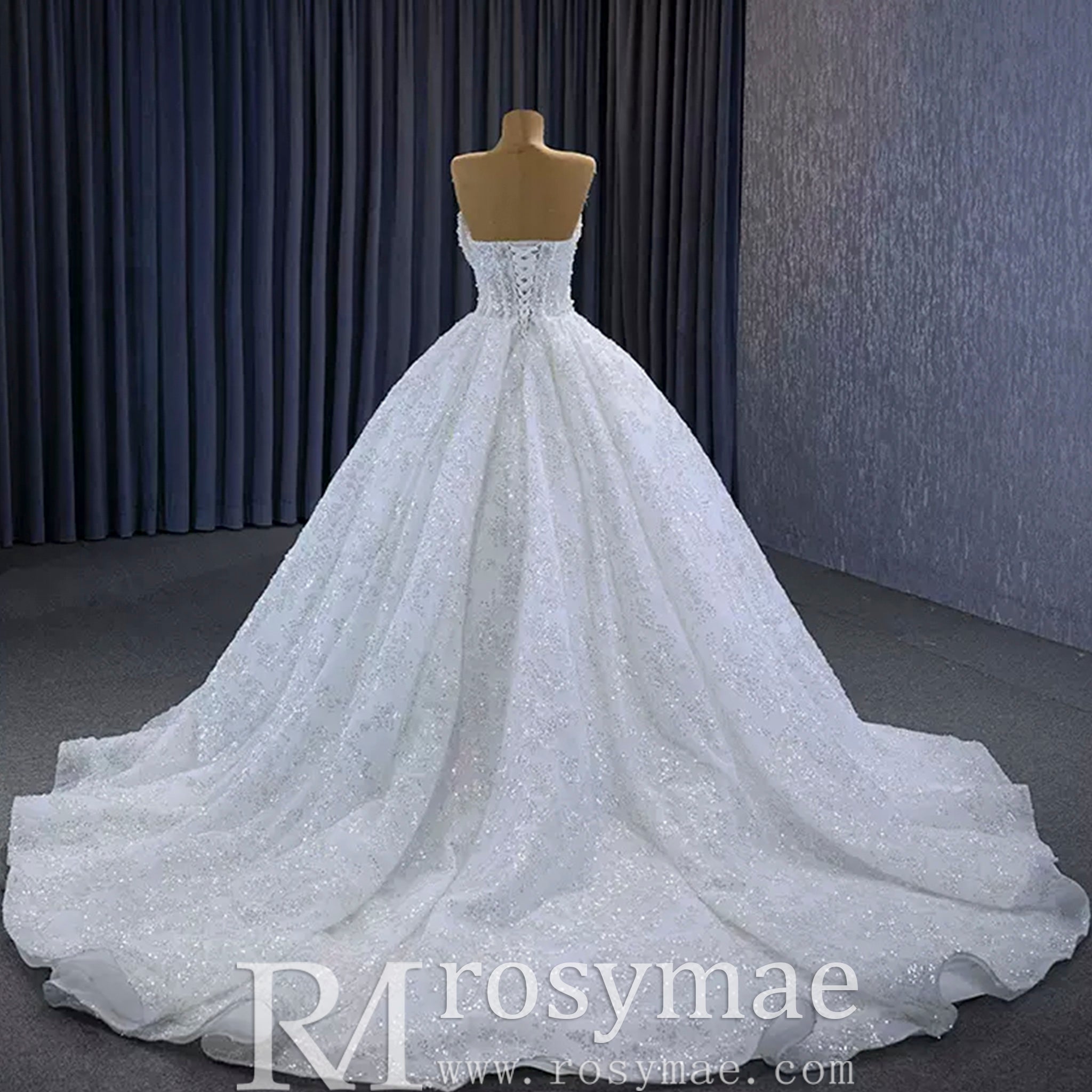 Gorgeous Beaded Pearls Wedding Dress Sweetheart Neck Bridal Gown - Rosymae