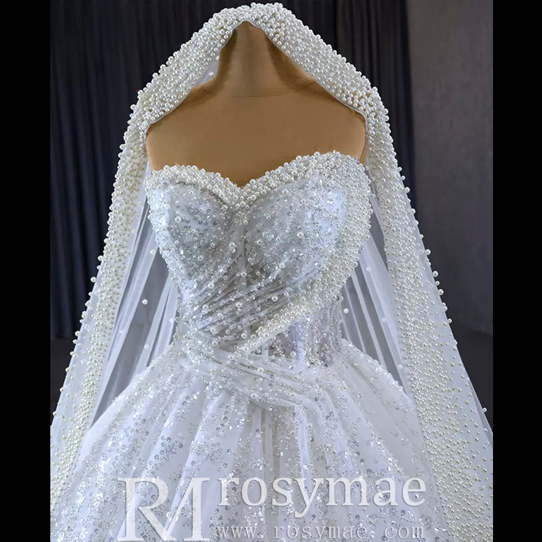 Gorgeous Beaded Pearls Wedding Dress Sweetheart Neck Bridal Gown - Rosymae