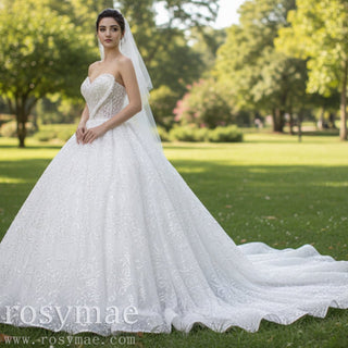 Gorgeous Beaded Pearls Wedding Dress Sweetheart Neck Bridal Gown - Rosymae