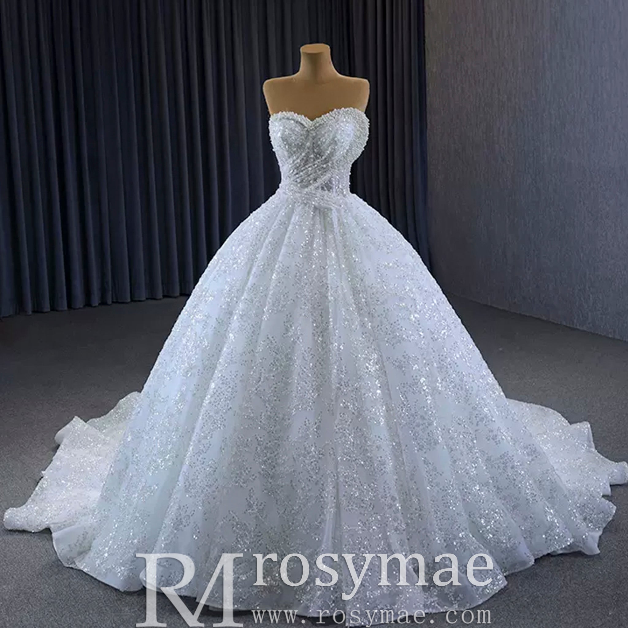 Gorgeous Beaded Pearls Wedding Dress Sweetheart Neck Bridal Gown - Rosymae