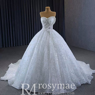 Gorgeous Beaded Pearls Wedding Dress Sweetheart Neck Bridal Gown - Rosymae