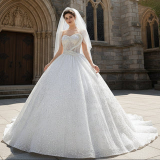 Gorgeous Beaded Pearls Wedding Dress Sweetheart Neck Bridal Gown - Rosymae