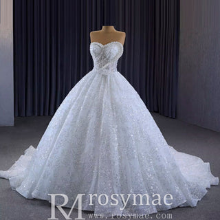 Gorgeous Beaded Pearls Wedding Dress Sweetheart Neck Bridal Gown - Rosymae
