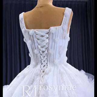 Gorgeous Beaded Tiered Wedding Dress Square Neck Bridal Gown - Rosymae