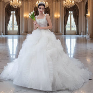 Gorgeous Beaded Tiered Wedding Dress Square Neck Bridal Gown - Rosymae