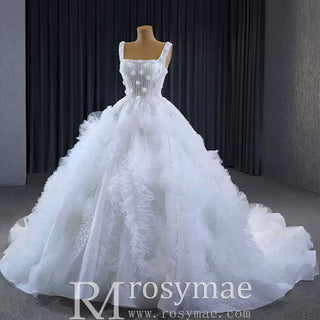 Gorgeous Beaded Tiered Wedding Dress Square Neck Bridal Gown - Rosymae