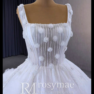 Gorgeous Beaded Tiered Wedding Dress Square Neck Bridal Gown - Rosymae
