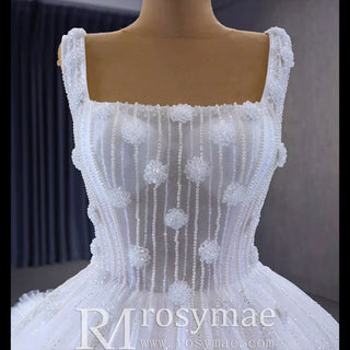 Gorgeous Beaded Tiered Wedding Dress Square Neck Bridal Gown - Rosymae