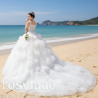 Gorgeous Beaded Tiered Wedding Dress Square Neck Bridal Gown - Rosymae