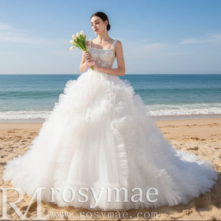 Gorgeous Beaded Tiered Wedding Dress Square Neck Bridal Gown - Rosymae