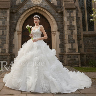 Gorgeous Beaded Tiered Wedding Dress Square Neck Bridal Gown - Rosymae