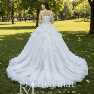 Gorgeous Beaded Tiered Wedding Dress Square Neck Bridal Gown - Rosymae