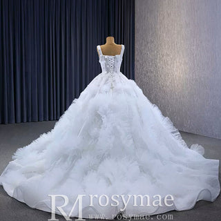 Gorgeous Beaded Tiered Wedding Dress Square Neck Bridal Gown - Rosymae