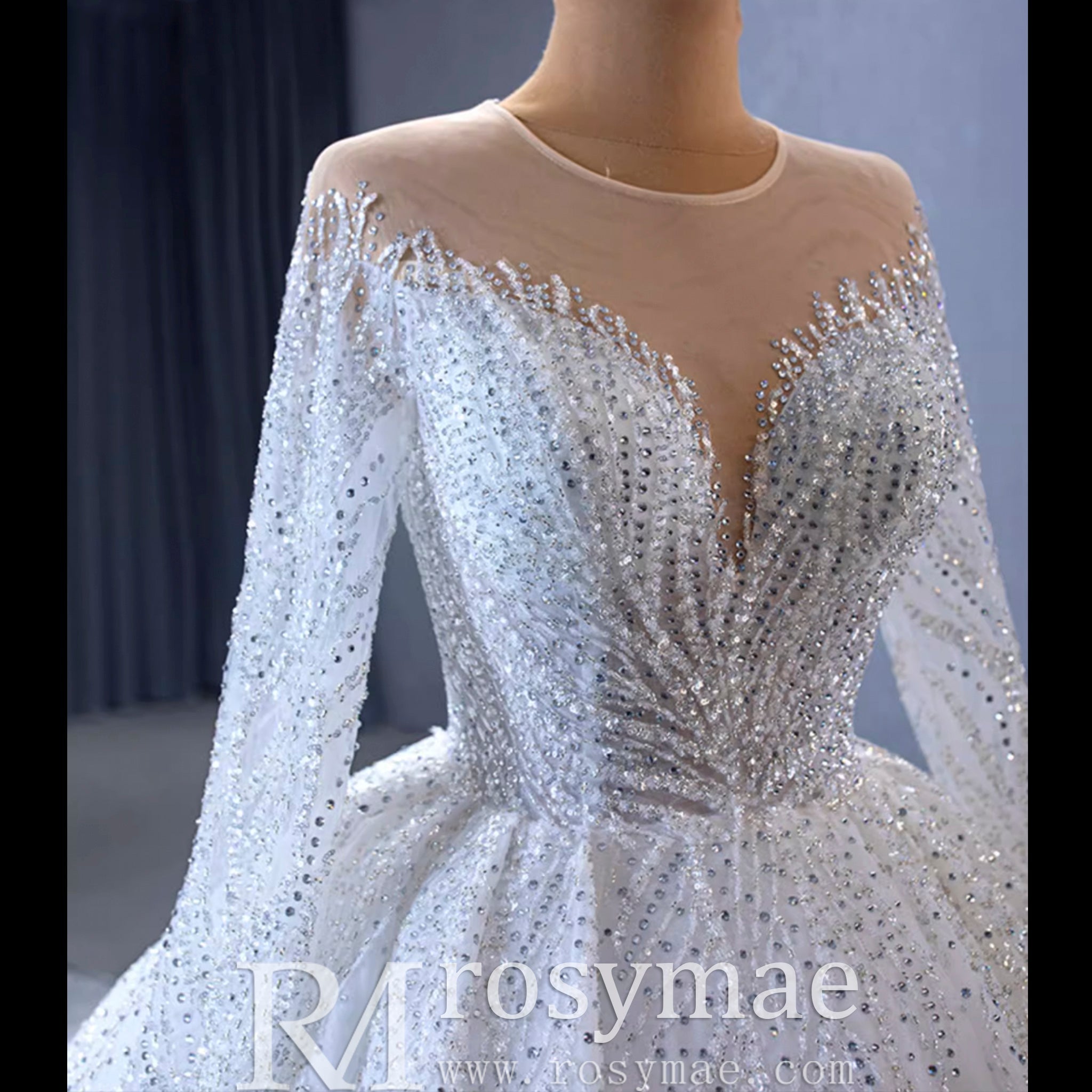 Gorgeous Beaded Wedding Dress Long Sleeve Dubai Wedding Gown - Rosymae
