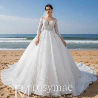 Gorgeous Beaded Wedding Dress Long Sleeve Dubai Wedding Gown - Rosymae
