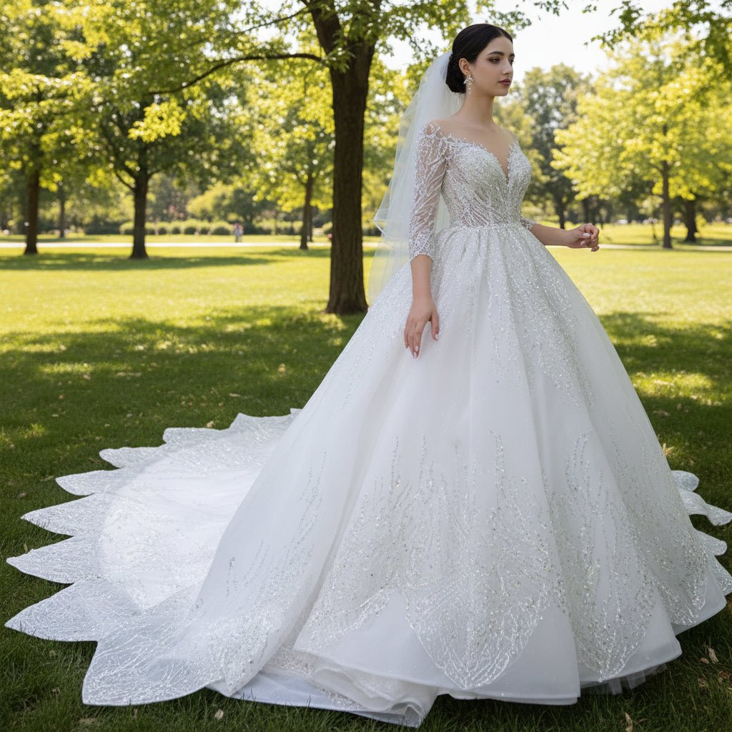 Gorgeous Beaded Wedding Dress Long Sleeve Dubai Wedding Gown - Rosymae