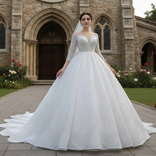Gorgeous Beaded Wedding Dress Long Sleeve Dubai Wedding Gown - Rosymae