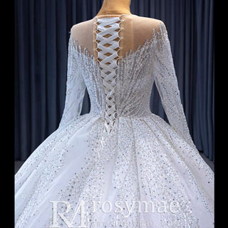 Gorgeous Beaded Wedding Dress Long Sleeve Dubai Wedding Gown - Rosymae