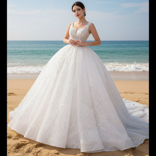 Gorgeous Beading Pearl Sequins Wedding Dress with Square Neck - Rosymae