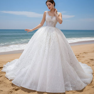Gorgeous Beading Pearl Sequins Wedding Dress with Square Neck - Rosymae
