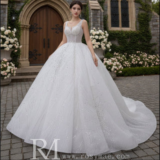 Gorgeous Beading Pearl Sequins Wedding Dress with Square Neck - Rosymae