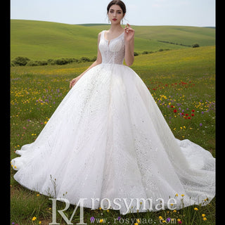 Gorgeous Beading Pearl Sequins Wedding Dress with Square Neck - Rosymae