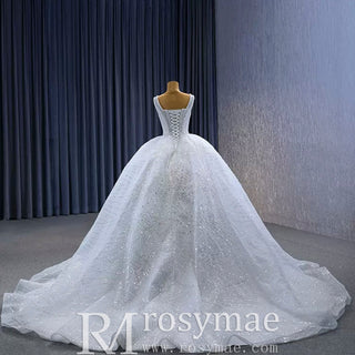 Gorgeous Beading Pearl Sequins Wedding Dress with Square Neck - Rosymae