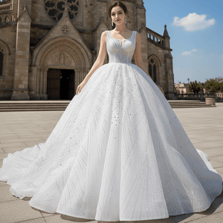 Gorgeous Beading Pearl Sequins Wedding Dress with Square Neck - Rosymae