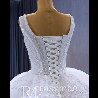 Gorgeous Beading Pearl Sequins Wedding Dress with Square Neck - Rosymae